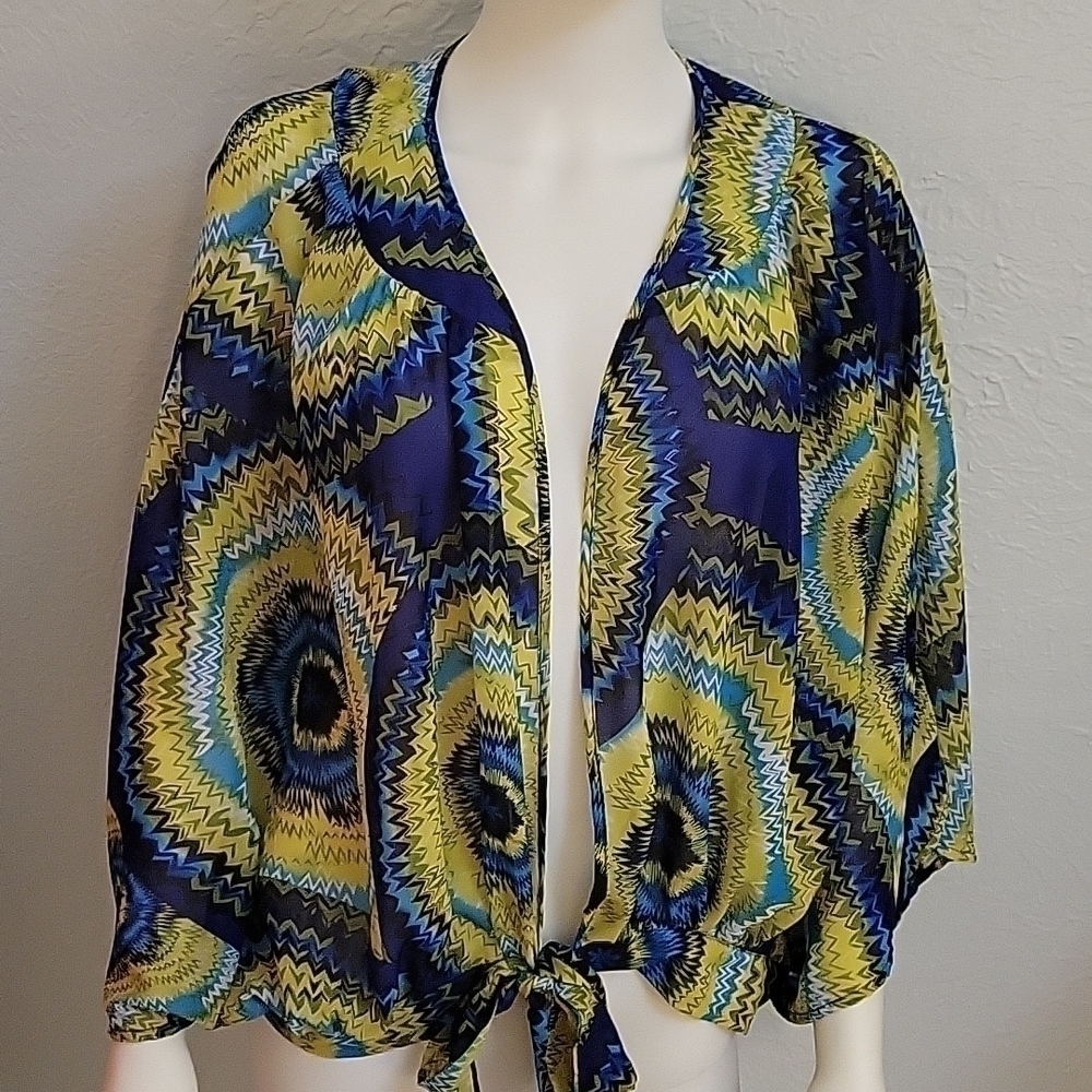 Ashley STEWART chiffon tie dye poncho style tie-Waist cover-up Festival Top - Picture 3 of 8